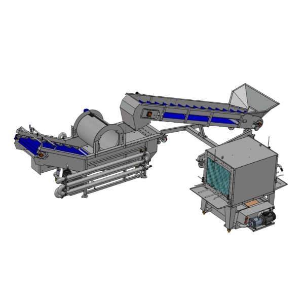 Line with washing tank, product cooling, and crate washing tunnel